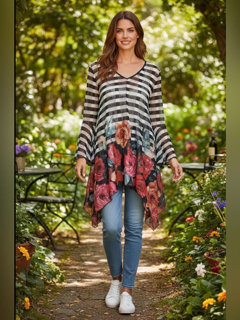 Women's‎ 1X V Neck Tunic Top Mesh Bell Sleeves Boho Whimsigoth Coquette Cottage
